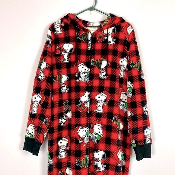 Munki Munki Peanuts Buffalo plaid Hooded Onesie Snoopy size Large pajamas - Picture 3 of 11